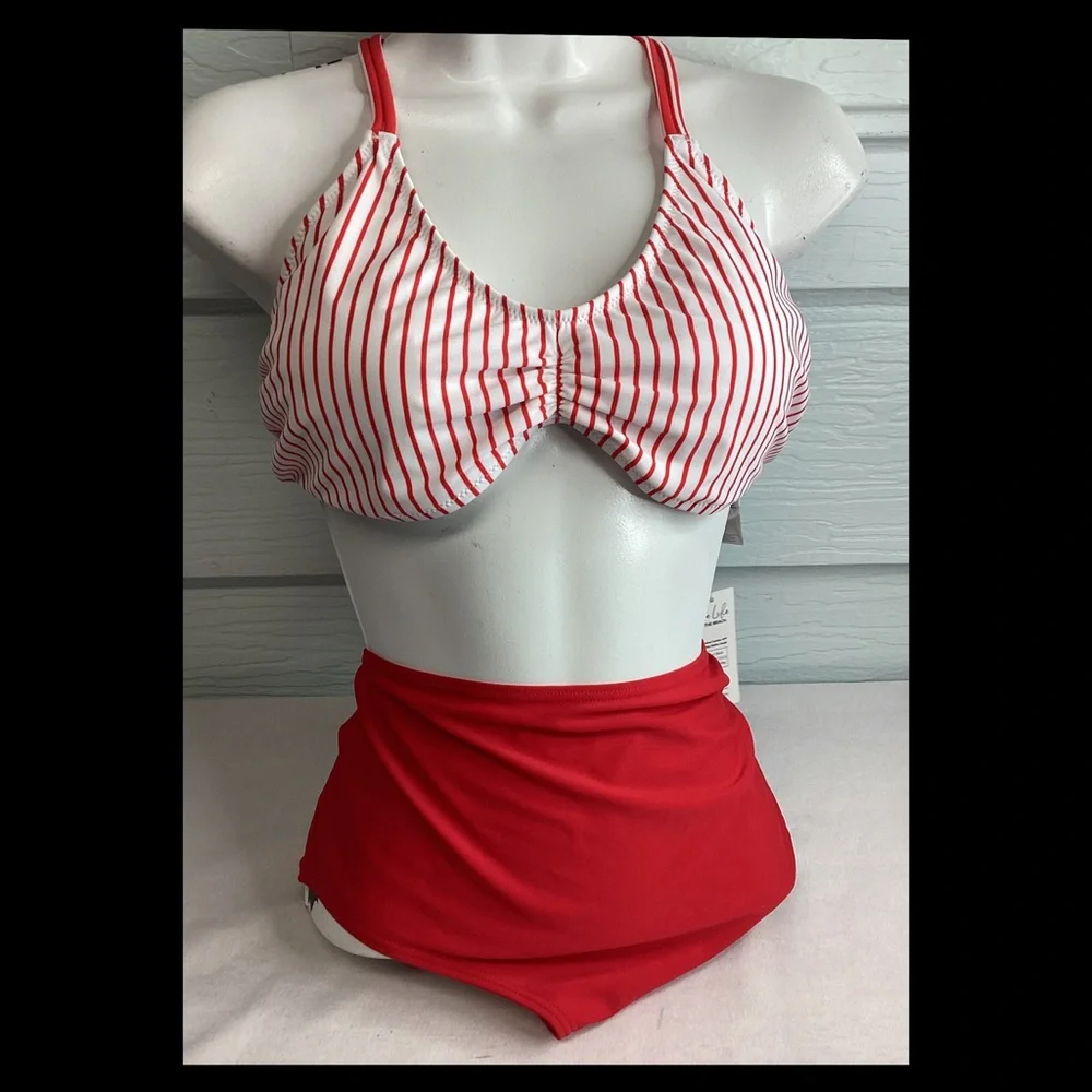Red and White Striped Women's Swimwear.11 - Picture 1 of 4